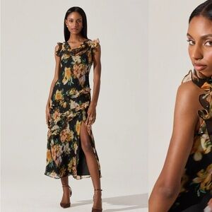 ASTR Alinta Ruffle Cowl Neck Dress Floral Ruffle Midi Dress in Black and Yellow
